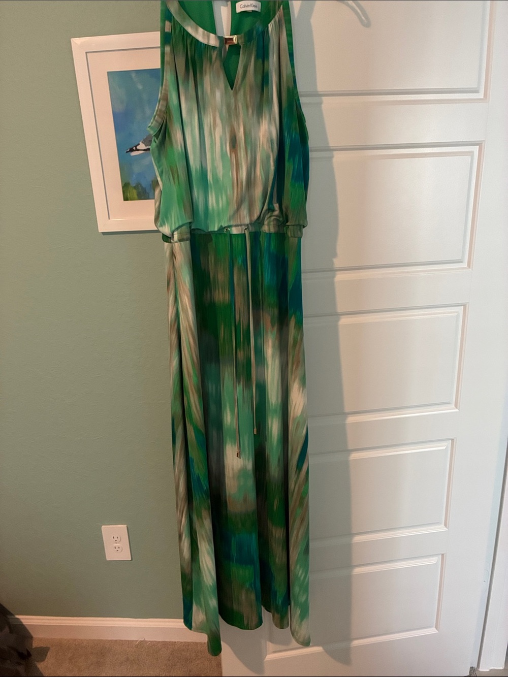 Calvin Klein Green and White Patterned Sleeveless Maxi Dress